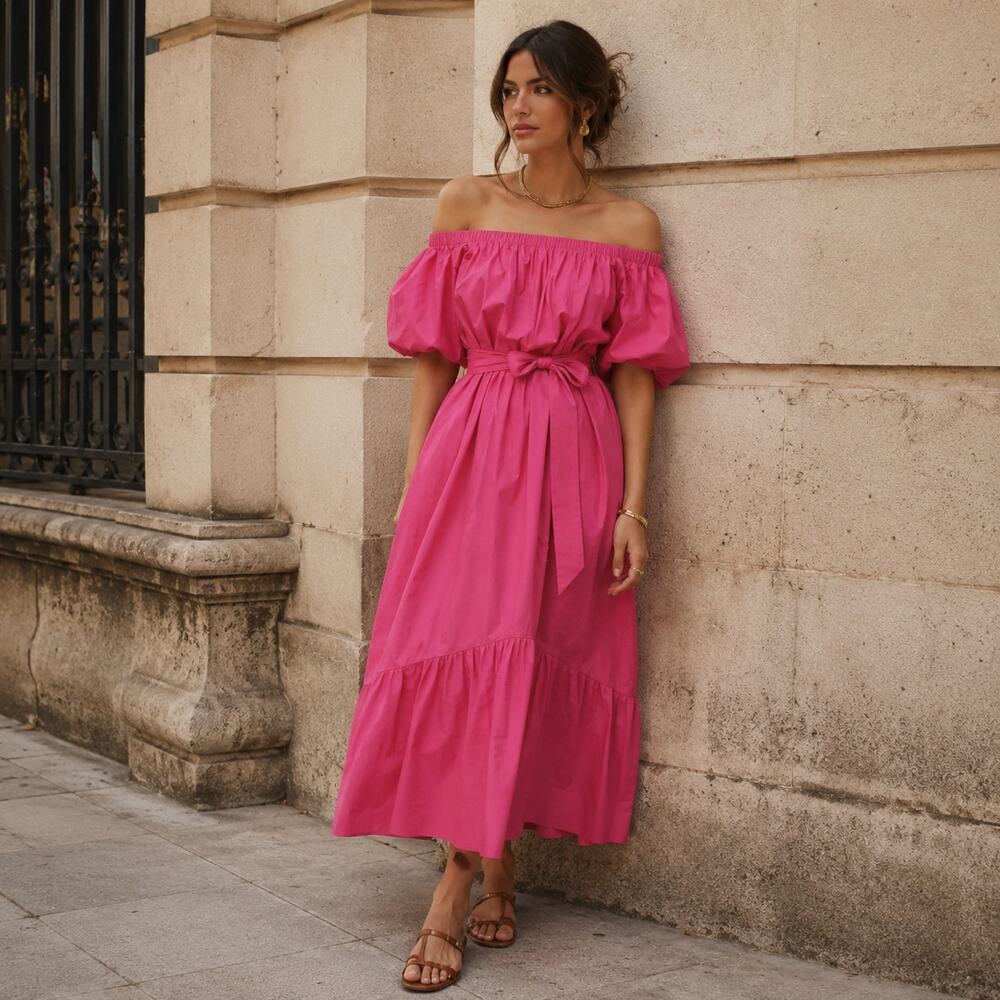 Elliatt Lilith Bardot Neck Off Shoulder Cotton Midi Dress in Fuschia, size S